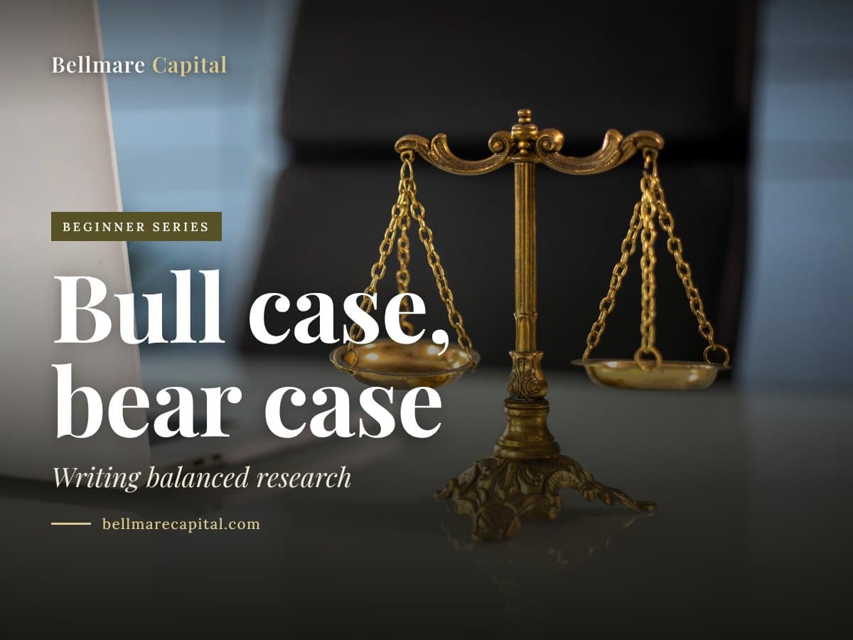 A brass balance scale on a desk beside a laptop, under the headline Bull case, bear case