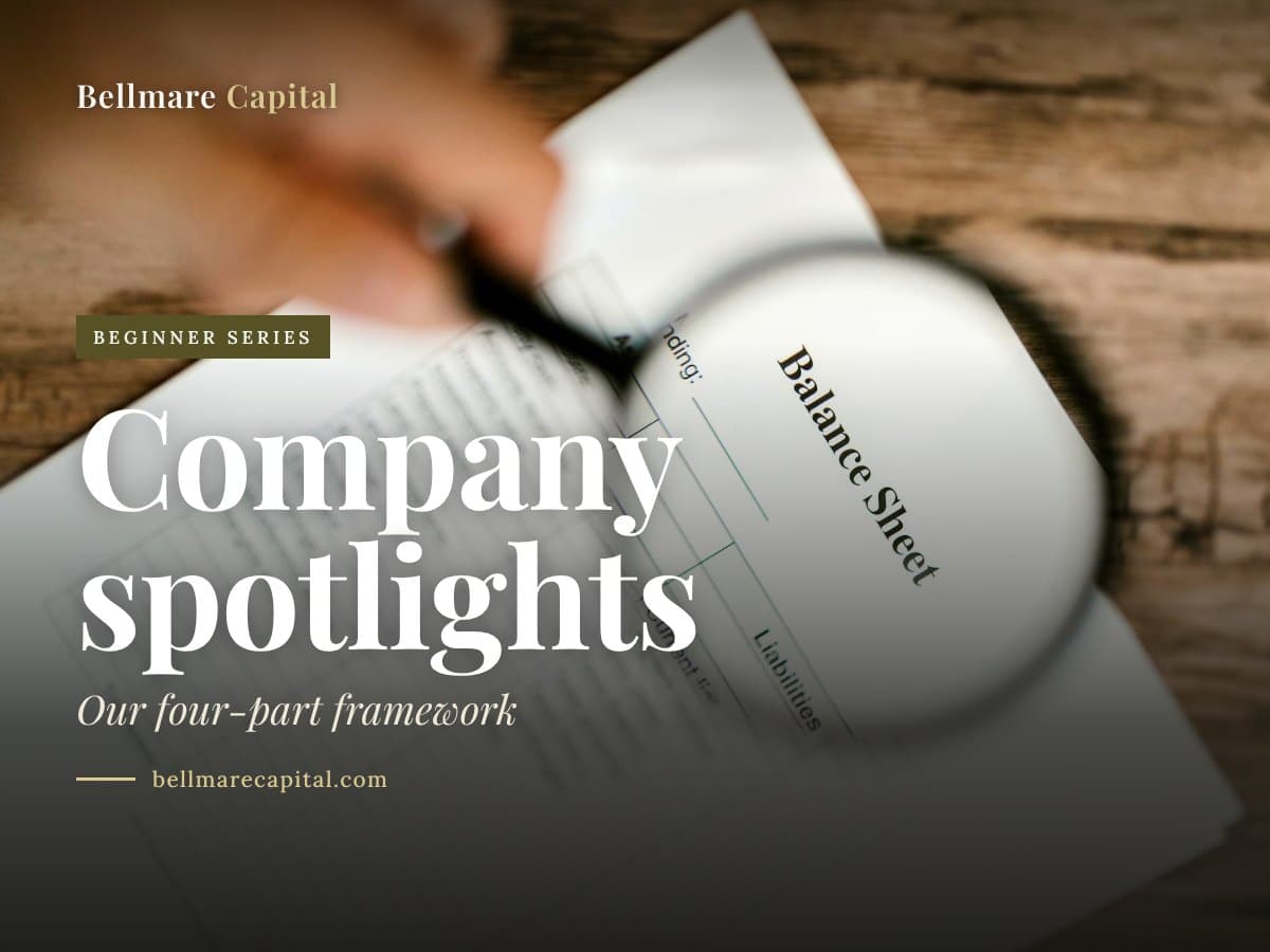 A magnifying glass held over a printed balance sheet, under the headline Company spotlights