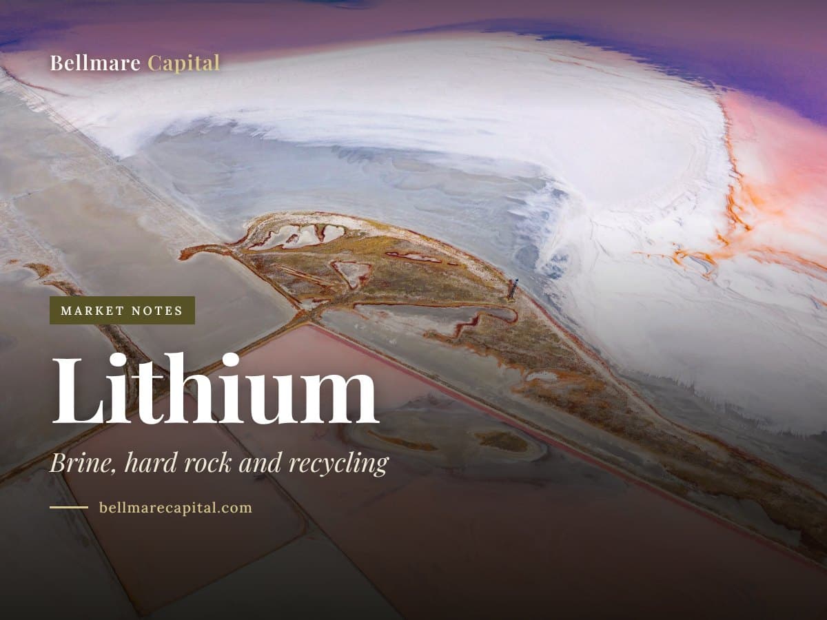 Aerial view of pink and white salt evaporation ponds, under the headline Lithium