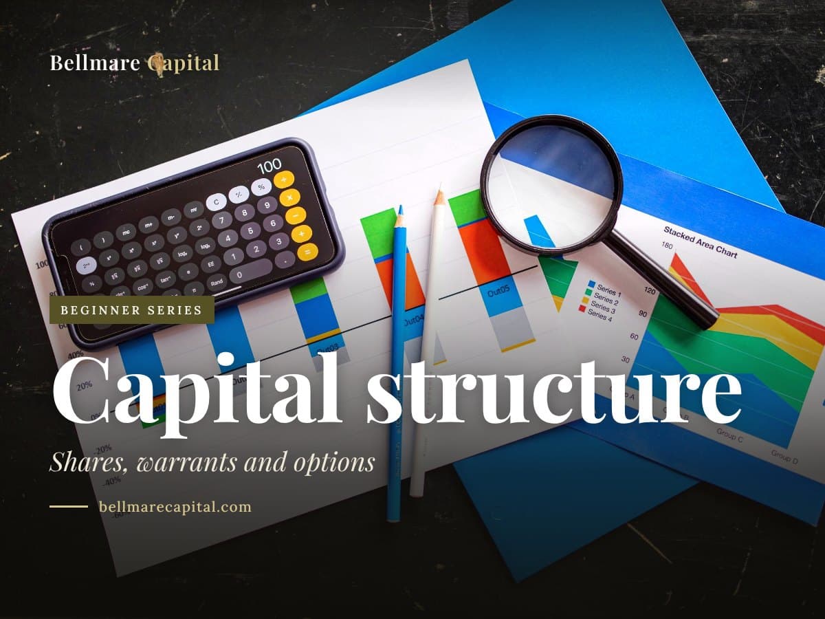A calculator, magnifying glass and printed charts on a desk, under the headline Capital structure