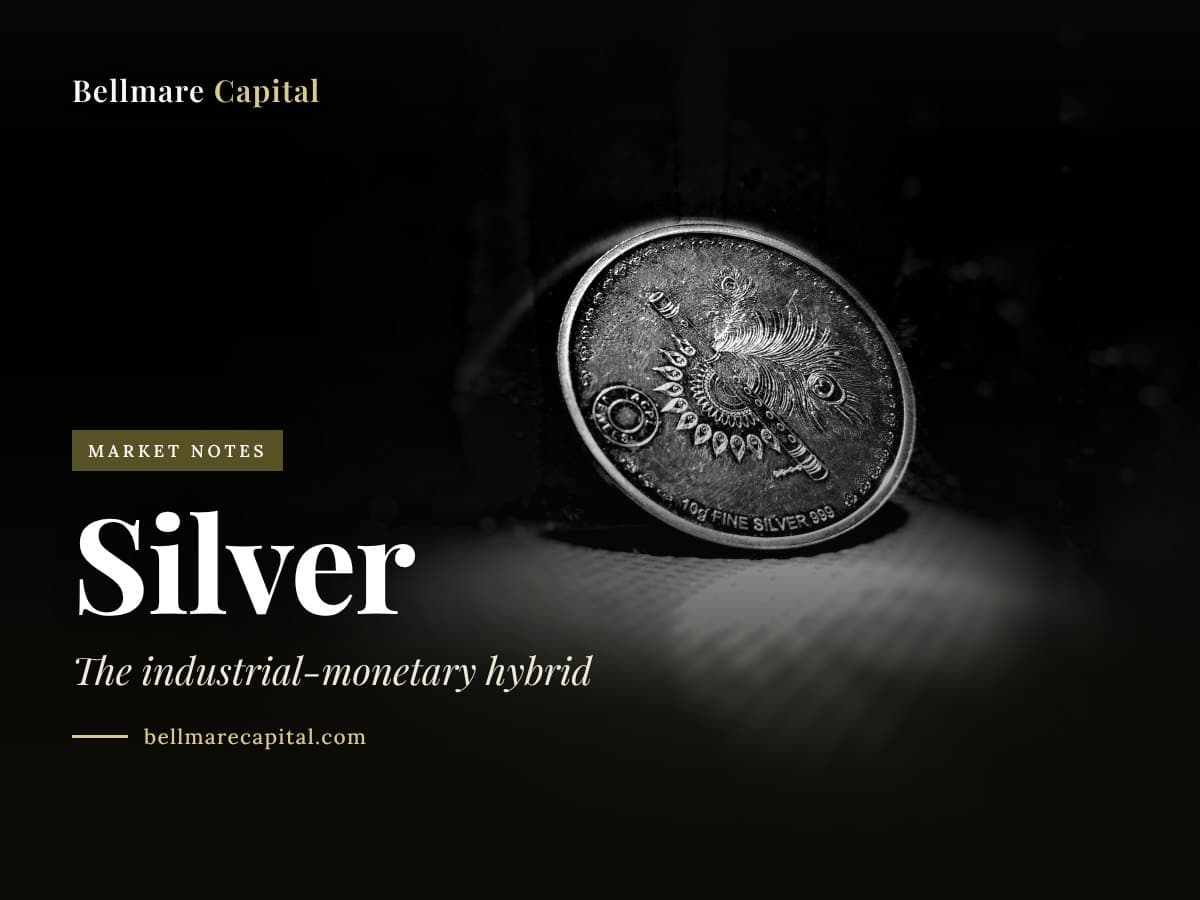 A single silver coin lit from above on a dark surface, under the headline Silver