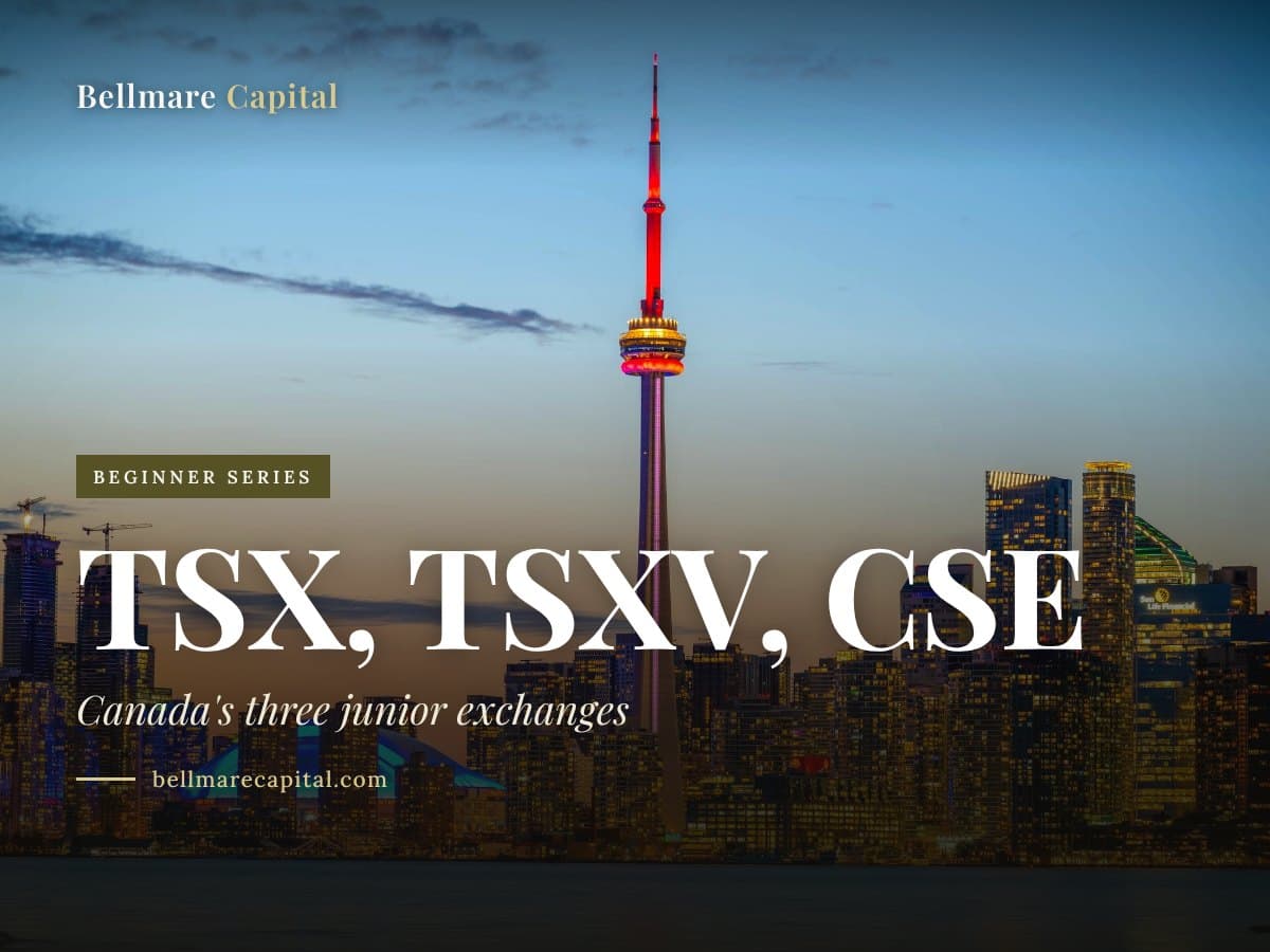 The Toronto skyline at dusk seen across the water, under the headline TSX, TSXV, CSE