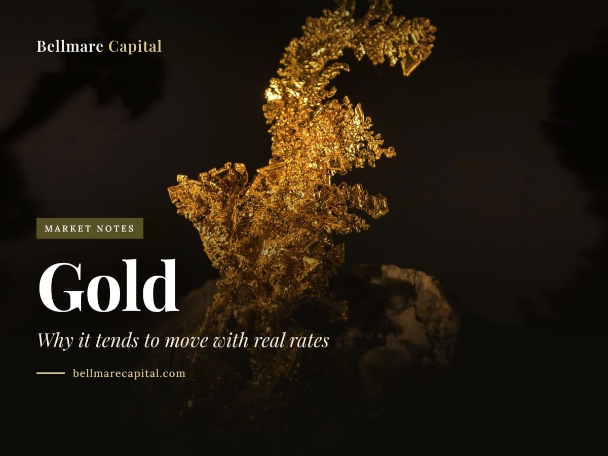 A gold nugget lit against a black background, under the headline Gold